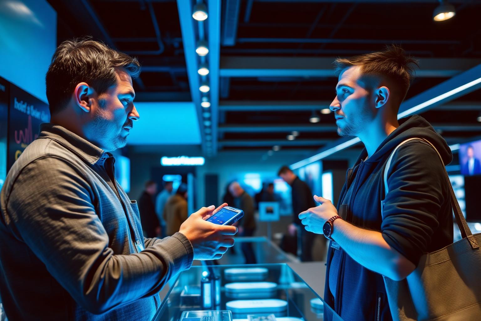A product demonstration for a smart device at a modern electronics retailer