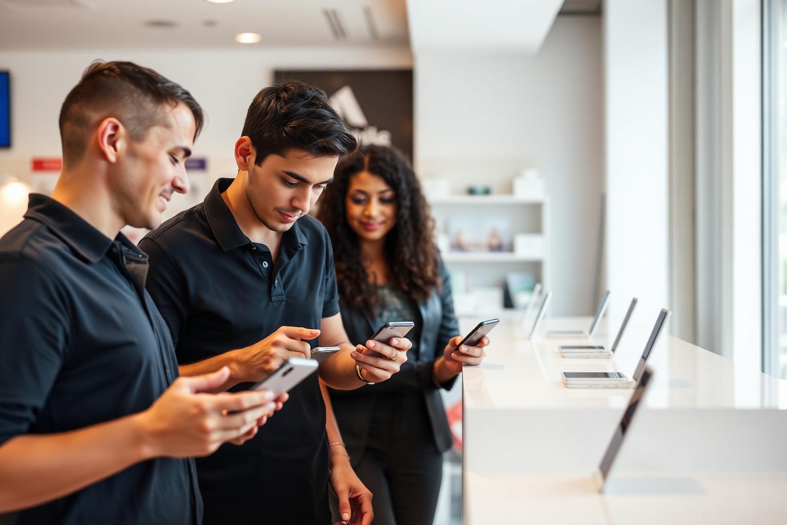 A representative helping customers compare smartphones at a carrier retail counter