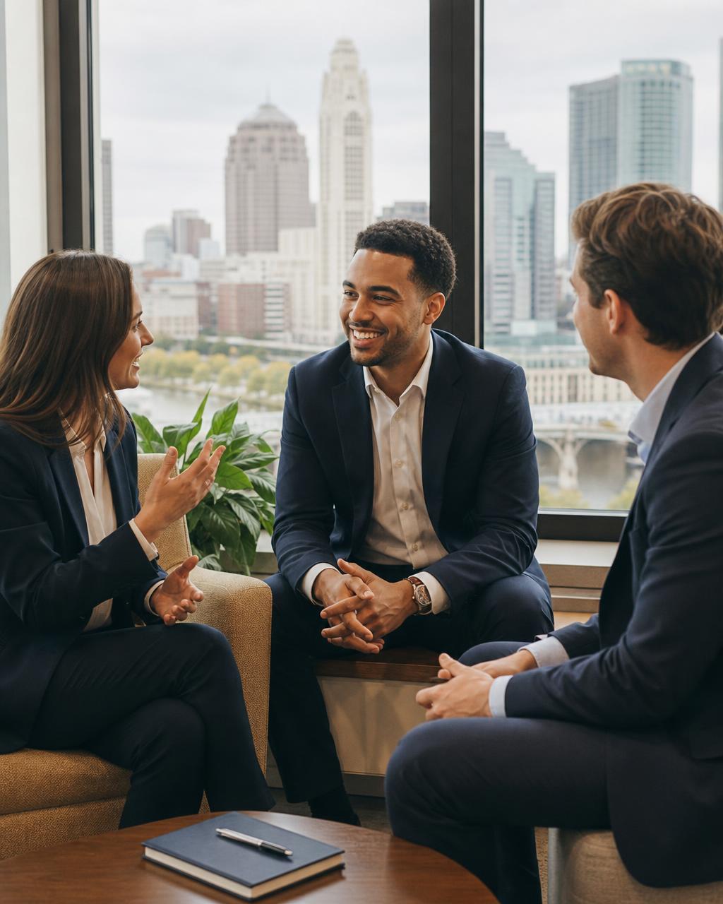 Three professionals in business attire discussing work in a Columbus office