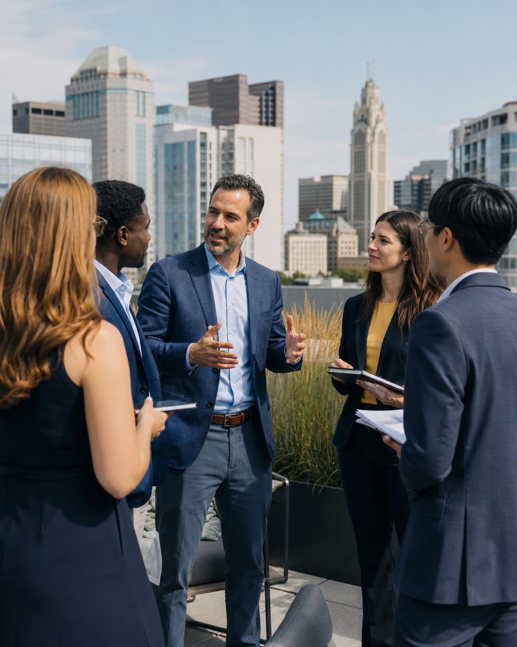 A team leader in business attire briefing a small group on a rooftop with the Columbus skyline