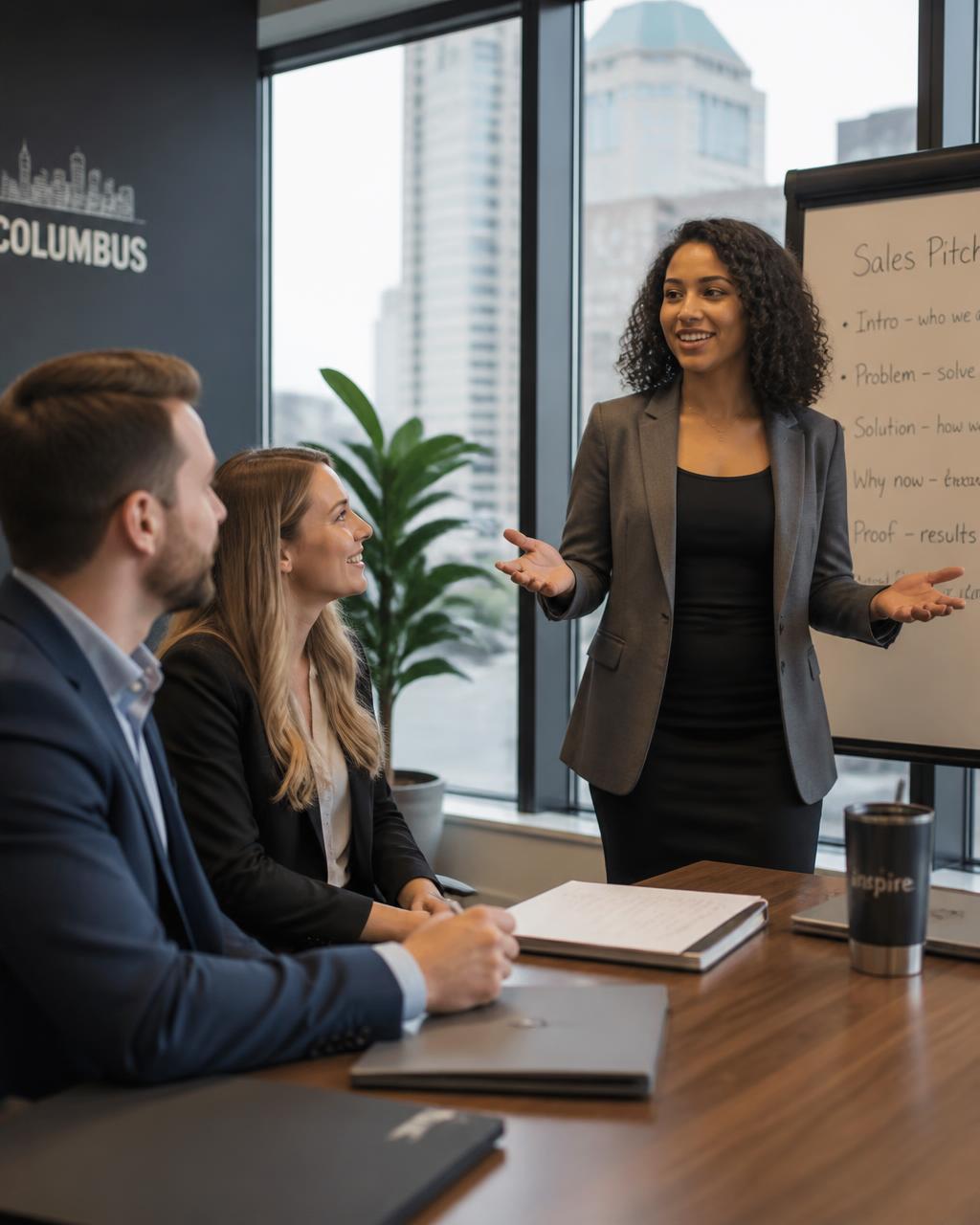 A Flow State team member presenting a sales pitch to colleagues during a practice session in a Columbus office
