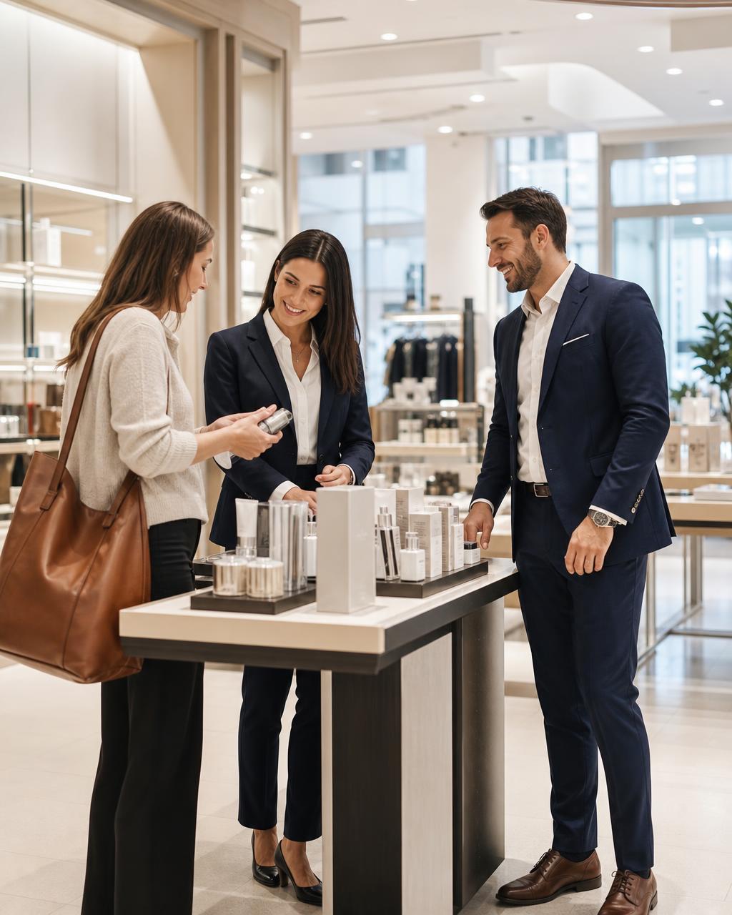 Two representatives in professional wear demonstrating a product to a shopper
