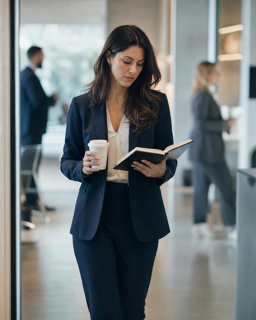 A professional in a tailored suit reviewing a planner while walking through the office